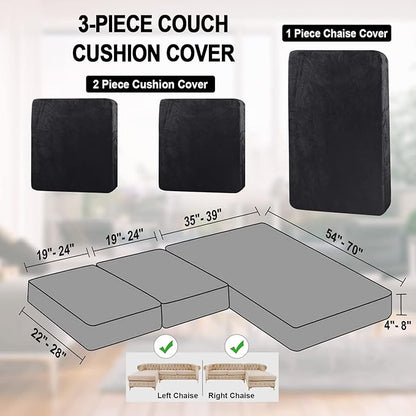 NAISI Sectional Couch Cover 3 Pieces Velvet Separate Couch Cushion Covers L Shape Soft Stretch Sofa Slipcovers with 2pcs Pillowcases for Left/Right Chaise Sectional Couch(2 Seater+1 Chaise,Black)