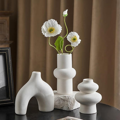 Ceramic Farmhouse Vase Set of 3, Rustic Centerpiece Vases for Fresh Dried Flowers Pampas Grass Bouquets, Boho Home Decor for Living Room Kitchen Entryway Table Mantel, Wedding Decor