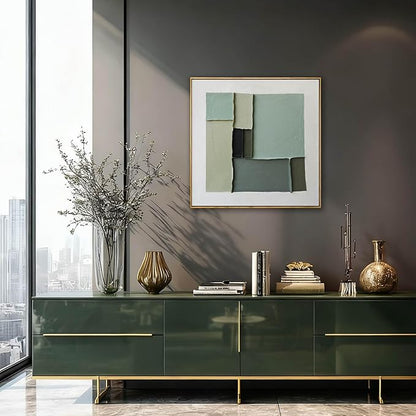 LEVERUP Square Geometric Painting Pictures Green Abstract Wall Artwork Modern Wall Decorations for Living Room Bedroom 24×24 Inch Office Canvas Photos