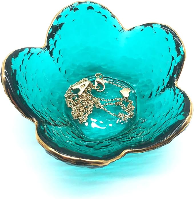 Green Flower Ring Jewelry Tray, Small Glass Jewelry Dish for Women, Room Decor Trinket Tray for Earrings Necklaces, Wedding Engagement Ring Holder, Key Dish Jewelry Plate Bowl Gift