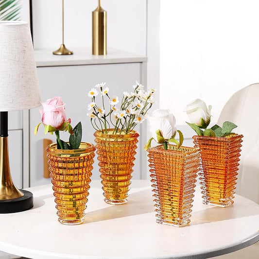 MCMCNCUIU Crystal Flower Vase Set of 4, Glass Vases for Centerpieces, Amber Vases for Flowers, Small Vase for Living Room, Bedroom, Kitchen, Office, Wedding