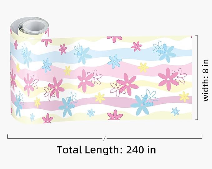 FLFK Wallpaper Border, Rainbow Flowers Peel and Stick Wall Border Self Adhesive Wall Paper Borders for Bedroom Living Room Girl's Room Kitchen Bathroom 8"x240"