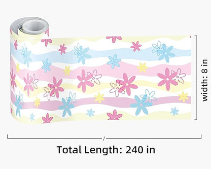 FLFK Wallpaper Border, Rainbow Flowers Peel and Stick Wall Border Self Adhesive Wall Paper Borders for Bedroom Living Room Girl's Room Kitchen Bathroom 8"x240"