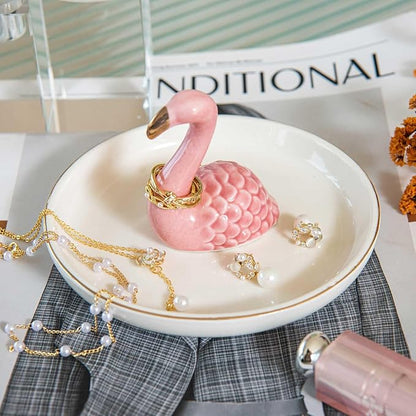 Flamingo Ring Holder Dish, Ceramic Jewelry Tray Trinket Dish for Necklace Keychain Organizer, Cute Funny Birthday Wedding Mothers Day Gift for Women Friends Girls