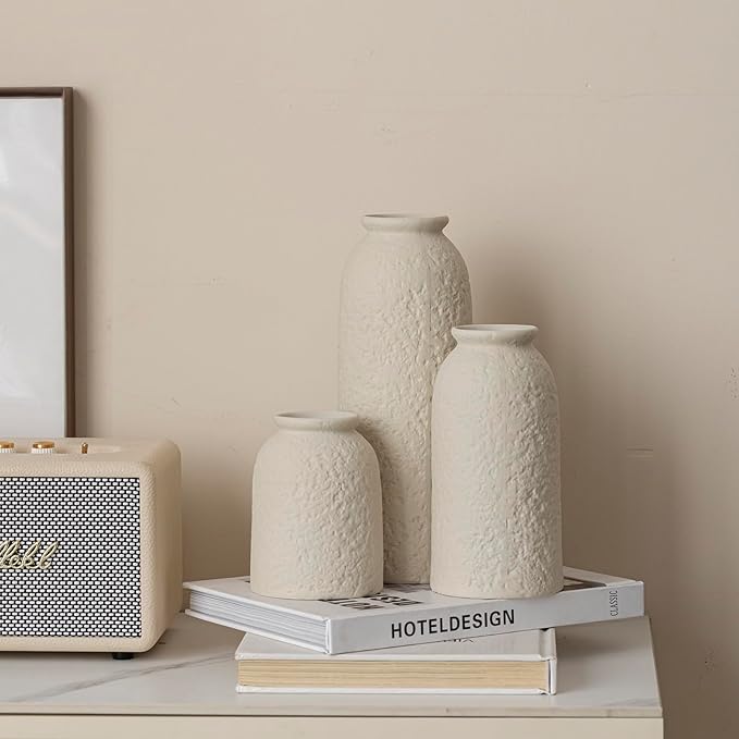 Large Decorative Ceramic Vase Set, 3 Pieces, Nordic Modern Boho Style, Berge Color, Modern Farmhouse for Home Decor (XL Beige Texture)