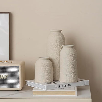Large Decorative Ceramic Vase Set, 3 Pieces, Nordic Modern Boho Style, Berge Color, Modern Farmhouse for Home Decor (XL Beige Texture)
