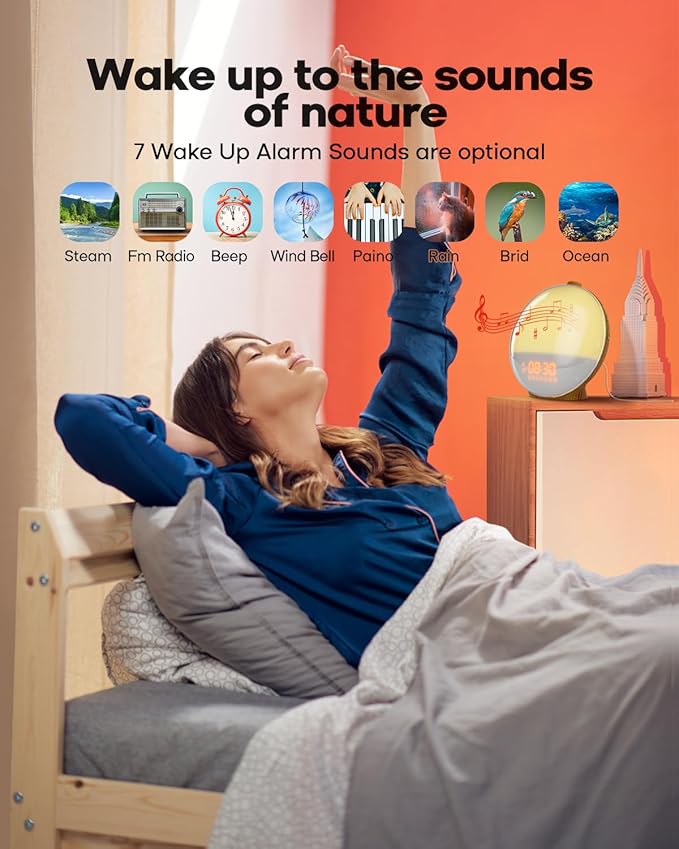 Dekala Sunrise Alarm Clock Wood Grain, FM Radio, Wake up Light Sunlight Sunset Lamp, 7 Nature Sounds, Dual Alarms, Colorful Ambient Lamp, Bedrooms Decor, Snooze for Heavy Sleepers, Kids & Adults