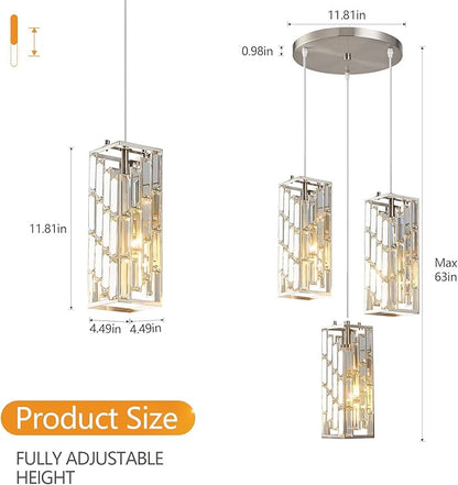 Brass Nickel Pendant Lighting Modern Pendant Light, Mini Crystal Chandeliers,Adjustable Pendant Light Fixture for Kitchen Island Dinning Room Bedroom (3 Light)