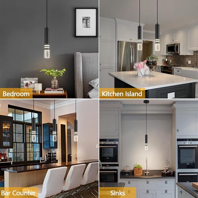 Pendant Lights Kitchen Island, Crystal Pendant Light Fixtures Mini 6W LED Modern Kitchen Pendant Lighting Over Sink and Living Room and Bedroom (Black 3-Pack)