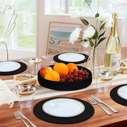 Round Placemats Set of 6 with Holder, Cotton Rope Woven Place Mats, Hot Pads for Kitchen, Heat Resistant Table Mats, 13 Inch Farmhouse Washable Braided Placemat for Kitchen Decor (Black)