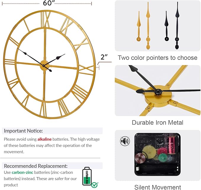 Large Wall Clock for Living Room Decor – 60 Inch Silent Non-Ticking Modern Farmhouse Wall Clock, Oversized Decorative Metal Roman Numeral Clock (Gold, 60 Inch)