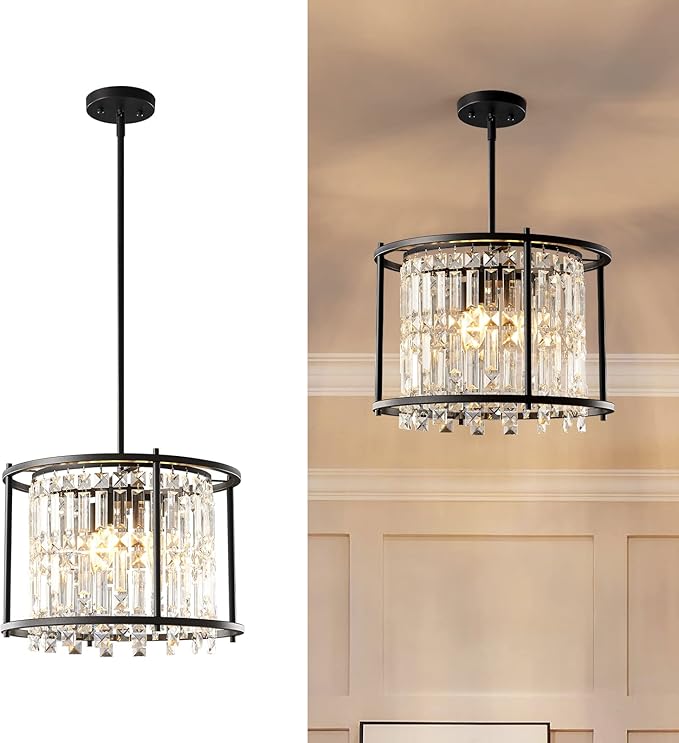 LMQNINE Modern Foyer Chandelier, Black Crystal Chandelier Entryway Pendant Light Fixture, Round Adjustable Height Chandeliers for Kitchen Island, L15.74'' x H10.43''