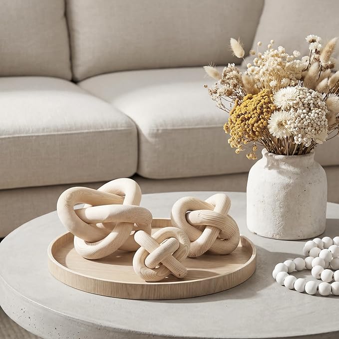 3 Pack Wooden Knot Decorations 3 Color Set Coordinated Boho Nautical Home Decor for Shelf, Wall, Tabletop, Sizes 3.94", 4.72", 5.91" (Nature)