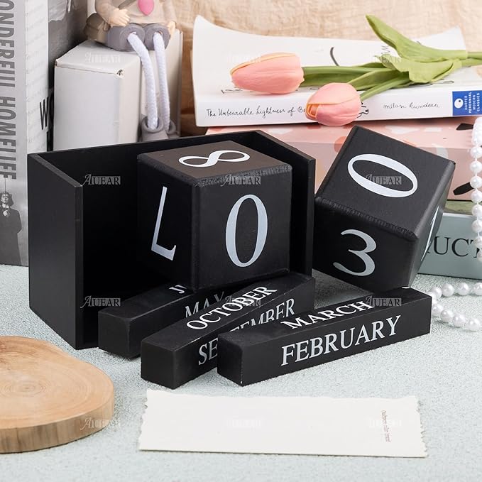 AUEAR, Wooden Block Perpetual Desk Calendar Desktop Cube Rustic Chic Number for Home Office Decoration Large (Black)