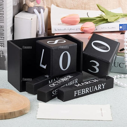 AUEAR, Wooden Block Perpetual Desk Calendar Desktop Cube Rustic Chic Number for Home Office Decoration Large (Black)