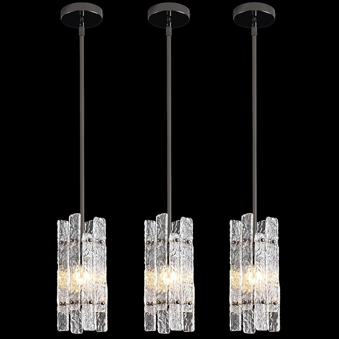 Modern Crystal Pendant Light for Kitchen Island, Pearl Black Luxury Mini Water Ripple Glass Chandelier Lights Fixture, Square Adjustable Hanging Pendant Lighting for Dining Room Bedroom (3-Pack)
