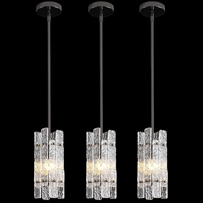 Modern Crystal Pendant Light for Kitchen Island, Pearl Black Luxury Mini Water Ripple Glass Chandelier Lights Fixture, Square Adjustable Hanging Pendant Lighting for Dining Room Bedroom (3-Pack)