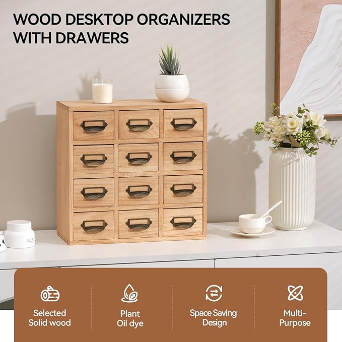 KIRIGEN Wood Drawer Organizer Desktop Storage Cabinet Box Drawers for Home Office Desk Organization and Storage 12 Drawer Mini Chest with Metal Handles Natural(12CG-NA)