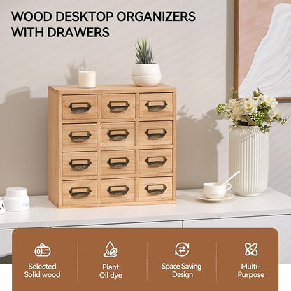 KIRIGEN Wood Drawer Organizer Desktop Storage Cabinet Box Drawers for Home Office Desk Organization and Storage 12 Drawer Mini Chest with Metal Handles Natural(12CG-NA)