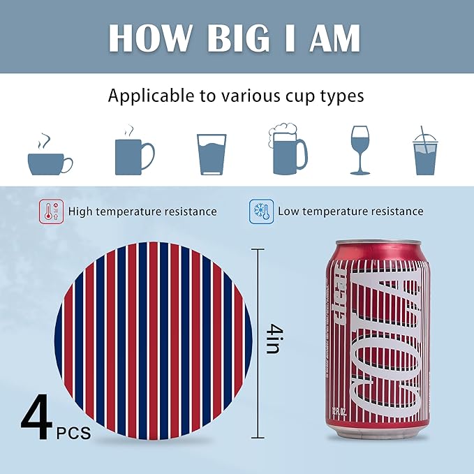 Coasters for Drinks,Set of 4 Absorbent Coasters American Patriotic Stars,Navy and Red Stars Stripes Ceramic Coasters with Cork Base,Coaster for Coffee Table Protection,Gifts for Housewarming Birthday