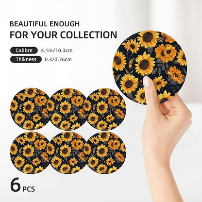 6 Pcs Ceramic Coasters with Holder Absorbent Drink Round Sunflower Style6 Design for Home Table Coffee Cup Wine Beer Bar,Size 4.4 inches