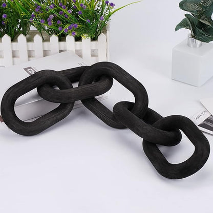 Decorative Wood Chain Link Modern Boho Home Farmhouse Decor, 5 Link Chain Decor Hand-Carved Wooden Aesthetic Crafts, Sustainable Pine Wood for Shelf, Living Room, Rustic Country(Black)