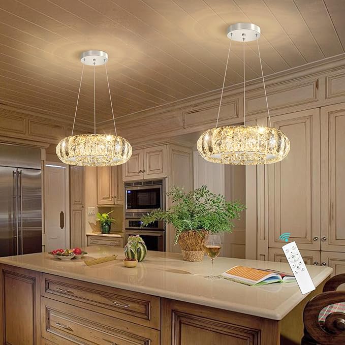 Crystal Round Chandelier Modern LED Dining Pendant Lights for Kitchen Island Dining Room Remote Dimmable Hanging Light Entrance Bedroom Lighting Silver