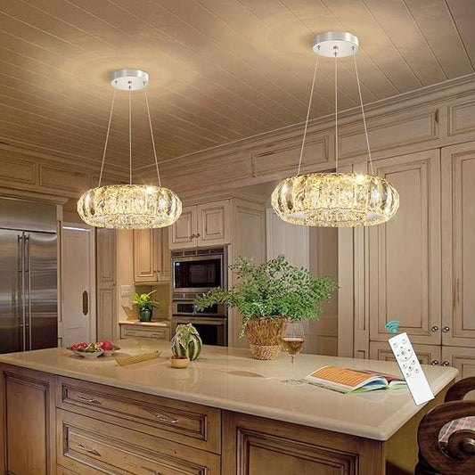 Crystal Round Chandelier Modern LED Dining Pendant Lights for Kitchen Island Dining Room Remote Dimmable Hanging Light Entrance Bedroom Lighting Silver