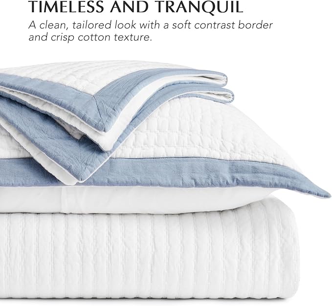 EVERGRACE Cotton Border Frame Tack-Stitch Quilt Bedding Set King Size, Coastal Oversized 3 Pieces Lightweight Bedspread Coverlet for All Season, with 2 Matching Shams, Blue Linen