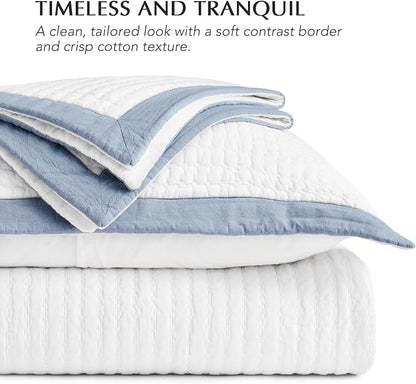EVERGRACE Cotton Border Frame Tack-Stitch Quilt Bedding Set Queen Size, Coastal Oversized 3 Pieces Lightweight Bedspread Coverlet for All Season, with 2 Matching Shams, Blue Linen