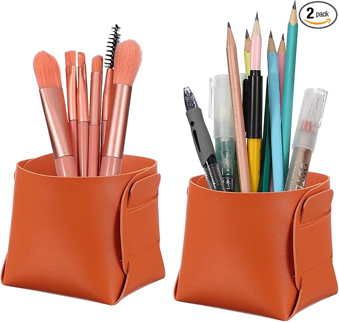 PATIKIL 2Pack Leather Desk Organizer, Leather Pencil Pen Holder Jewelry Valet Tray Hair Accessories Organizer for Bedroom Drawer Office Key Wallet Watch Pen Pencil Glasses, Orange