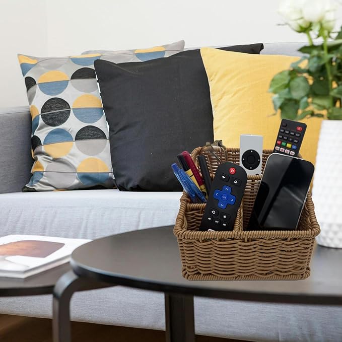 Rattan Remote Control Holder, Wicker Desk Organizer Basket for TV Remotes, Office Supplies, Makeup Brushes, Handwoven Storage Caddy for Tabletop, Shelf, or Kitchen Use (Natural Brown)