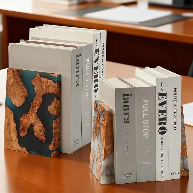 Glow in The Dark Bookends, Wood Bookends for Shelves,Blue Luminous Book Ends with Burl Wood and Resin,Decorative Book Stopper Binder and Dividers, Blue, Large,Unique Desk Decor for Home Office Library