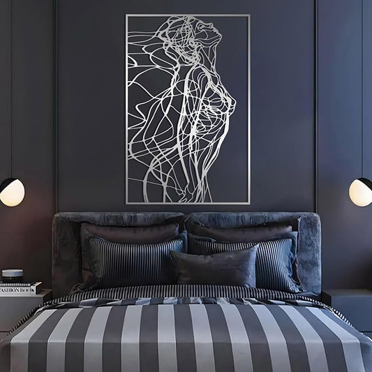 BIANGING Modern Woman Face Metal Wall Decor, Abstract Woman Face Metal Wall Decor, Abstract Female Line Wall Art, Minimalist Line Wall Art for Bathroom Living Room Bedroom (Silver, 35"x24"/90x60cm)