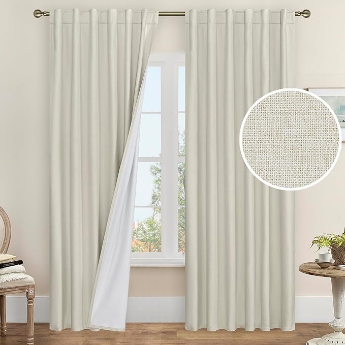 LAMIT 100% Black Out Linen Curtains, 84 Inch Linen Textured Living Room Farmhouse Curtains Room Darkening Back Tab and Rod Pocket Burlap Neutral Panels with White Liner, 2 Panels, 52 x 84 Inch, Stone