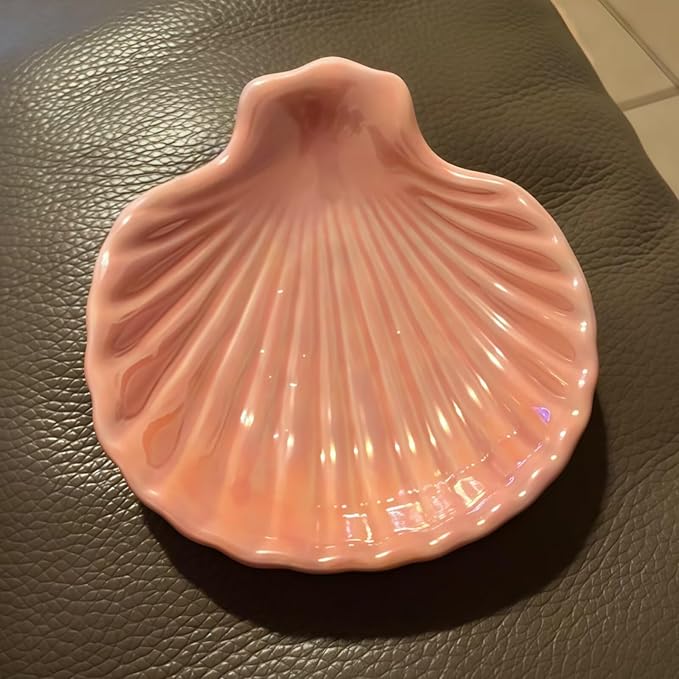 3.9" Shell-Shaped Ceramic Ring Dish - Pink Iridescent Surface Jewelry Tray, Decorative Trinket Organizer for Rings, Earrings, Necklaces & Keys - Ideal for Mom, Friend, Sister