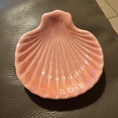 3.9" Shell-Shaped Ceramic Ring Dish - Pink Iridescent Surface Jewelry Tray, Decorative Trinket Organizer for Rings, Earrings, Necklaces & Keys - Ideal for Mom, Friend, Sister
