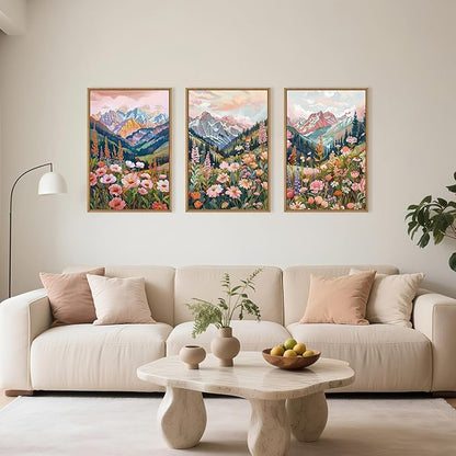 Boho Vibrant Mountain Wildflower Framed Canvas Wall Art Set,Colorful Natural Flower Forest Wall Decor,Modern Pink Floral Botanical Landscape Artwork for Living Room,Office,Farmhouse- 16"x24"x3
