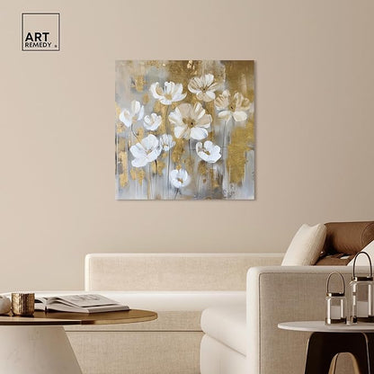 Art Remedy Golden Daisies Canvas Elegant White Gold Wall Art, Gallery Wrapped, 40" x 40"
