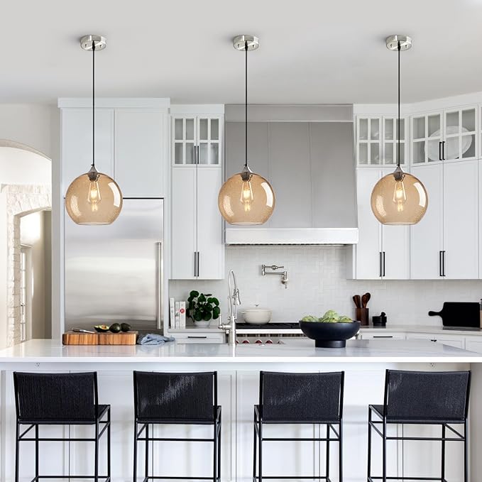 Light Brown Glass Pendant Lights Kitchen Island Globe Pendant Light Fixtures Modern Pendant Lighting for Bedroom Living Dining Room Light Fixture (9.84 in, 2 Pack)