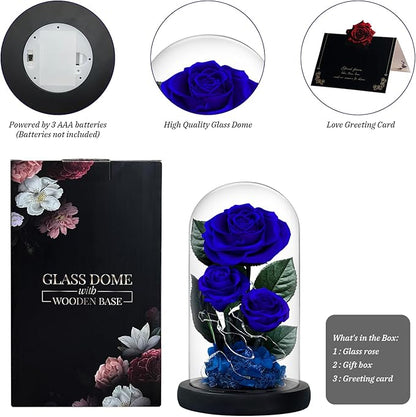 3 Preserved Flowers Roses in Glass Dome with Light for Beauty and The Beast Decor Real Rosas Eternas for Women Mom Birthday,Forever Blue Roses for Delivery,Christmas for Wife Girlfriend Her