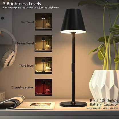 2-Pack Cordless Table Lamps - 5000mAh Rechargeable Battery Operated Desk Lamp, 3-Level Dimmable LED Night Light for Bedroom, Dining, Restaurant - Metal Design (Black 2-Pack)