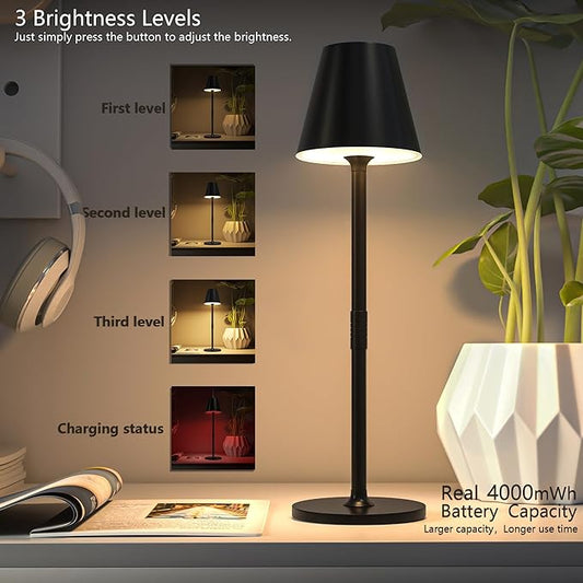 2-Pack Cordless Table Lamps - 5000mAh Rechargeable Battery Operated Desk Lamp, 3-Level Dimmable LED Night Light for Bedroom, Dining, Restaurant - Metal Design (Black 2-Pack)