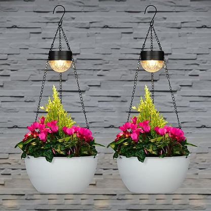 BAYN 2 Packs Solar Hanging Basket Planters for Plants Outdoor, Self Watering White Flower Plants Pots with Solar Light Drainer for Balcony Patio Garden Outdoor Decoration
