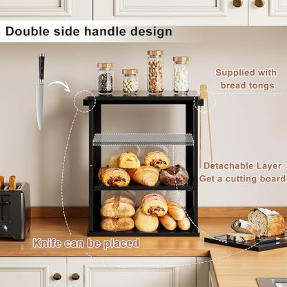 WOWLIVE Black Bread Box for Kitchen Countertop, Large 3 Layers Bread Storage Container for Homemade Bread with Window, Farmhouse Breadbox Organizer for Kitchen, Cabinet, Pantry (Black, Meduim)
