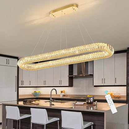 LED Oval Ring Chandelier Crystal Pendant Lighting for Dining Table Kitchen Island Remote Dimmable Hanging Light Chandeliers for Entryway Living Room Lights Gold