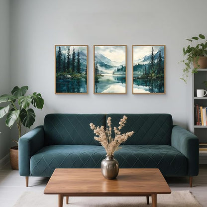 HLNIUC Green Foggy Forest Mountain Wall Art Framed,Large Boho Watercolor Pine Tree Wall Decor set of 3 (24"x36"), Nature Dark Lake Landscape Scenery Canvas Painting for Living Room, Bedroom, Office