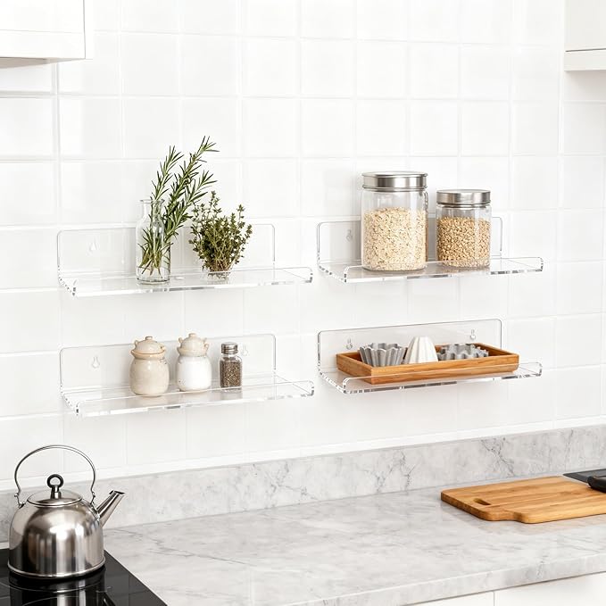 4-Pack Clear Acrylic Floating Shelves, Space-Saving Invisible Wall Shelves for Bathroom Kitchen Office Living Room, Modern Decor Set