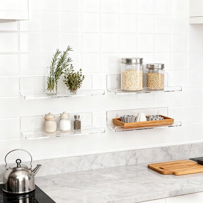 4-Pack Clear Acrylic Floating Shelves, Space-Saving Invisible Wall Shelves for Bathroom Kitchen Office Living Room, Modern Decor Set