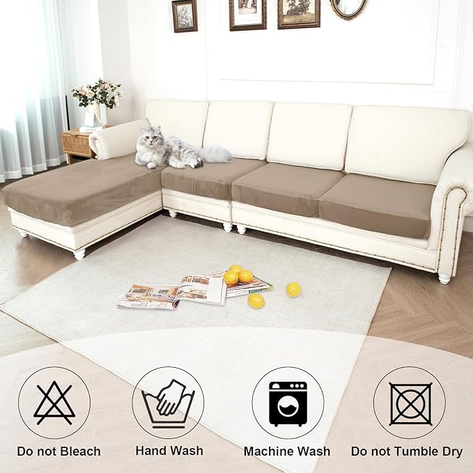 NAISI Waterproof Couch Cushion Covers Thick Velvet Fabric Washable Sofa Slipcovers Sectional Couch Covers for 4 Pieces Separate L Shape Couch Cover with Elastic Bottom(3 Seater + 1 Chaise,Sand)